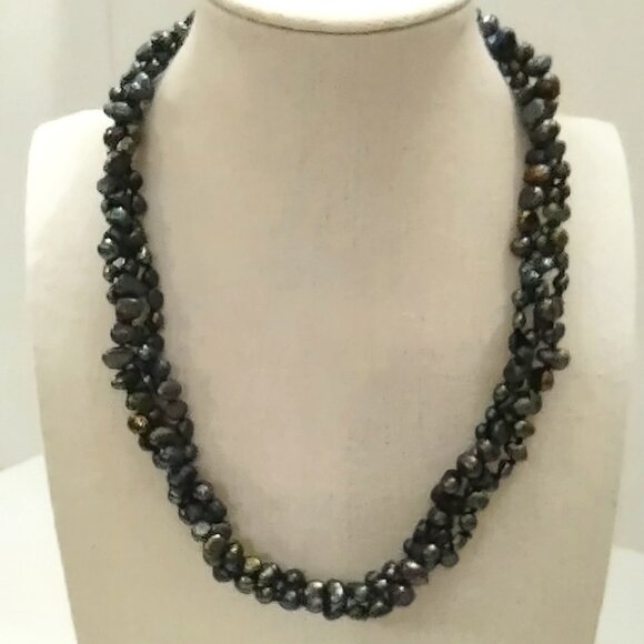 3 STRAND Dark Green BAROQUE FRESHWATER PEARL NECKLACE Choker Silver Tone - Picture 1 of 6